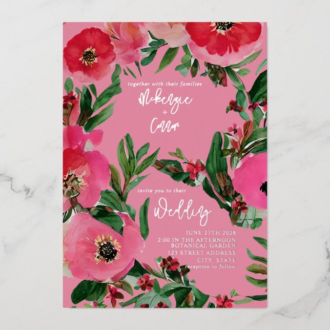 Invitation En Aluminium Aquarelle Anemone Mariage rose (Recto)