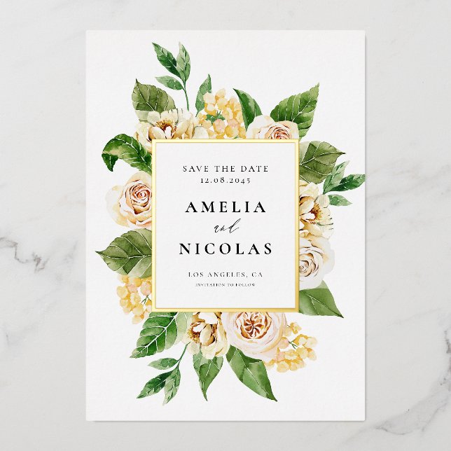 Invitation En Aluminium Aquarelle Apricot Anglais Rose Enregistrer La Date (Recto)