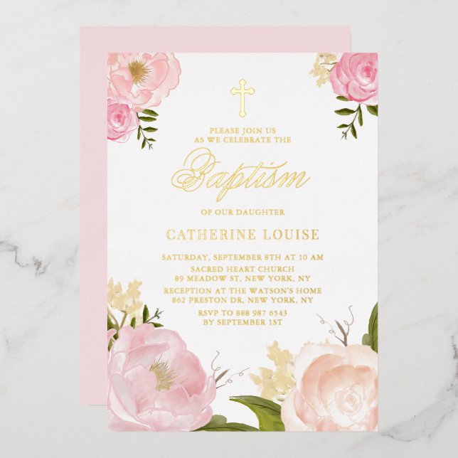 Invitation En Aluminium Aquarelle Baptême floral rose pâle (Recto/Verso)