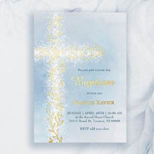 Invitation En Aluminium aquarelle blanc or croix Baptême