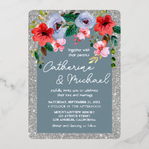 Invitation En Aluminium Aquarelle bleu Dusty Parties scintillant argent Ar