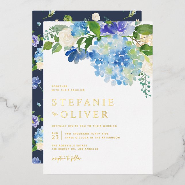 Invitation En Aluminium Aquarelle bleue Hydrangea Hiver Floral Mariage (Recto/Verso)