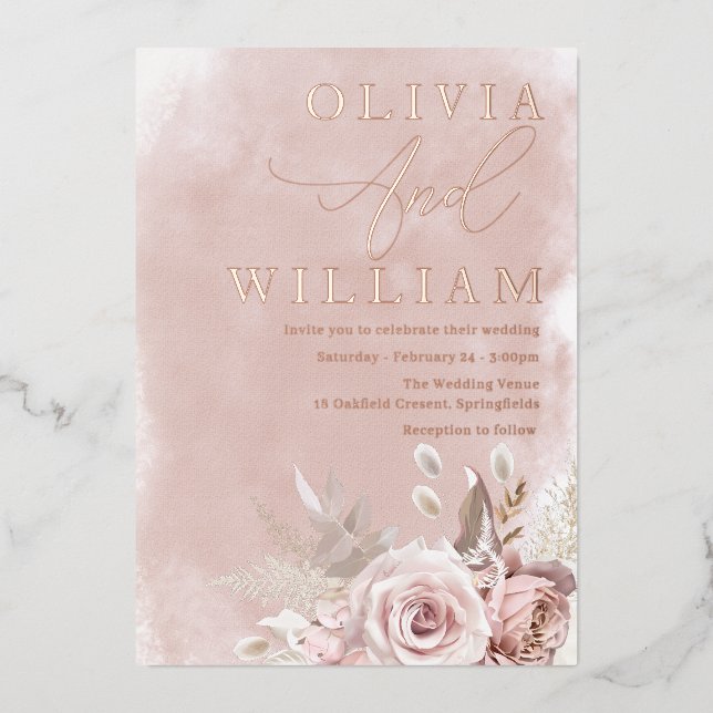 Invitation En Aluminium Aquarelle bleue rose Mariage or rose (Recto)