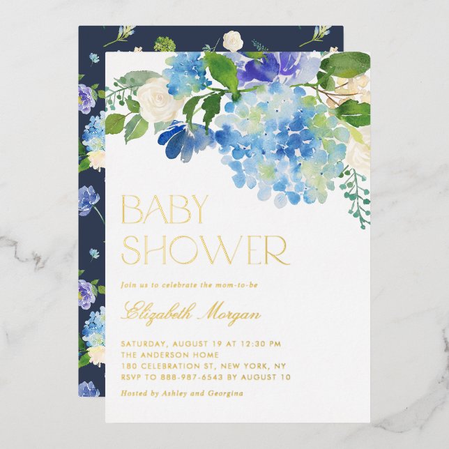 Invitation En Aluminium Aquarelle Blue Hydrangea Baby shower Floral (Recto/Verso)