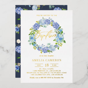 Invitation En Aluminium Aquarelle Blue Hydrangea Fleurs Wreath Baptême
