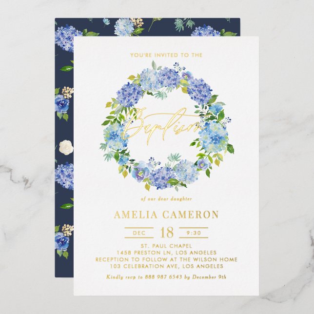 Invitation En Aluminium Aquarelle Blue Hydrangea Fleurs Wreath Baptême (Recto/Verso)