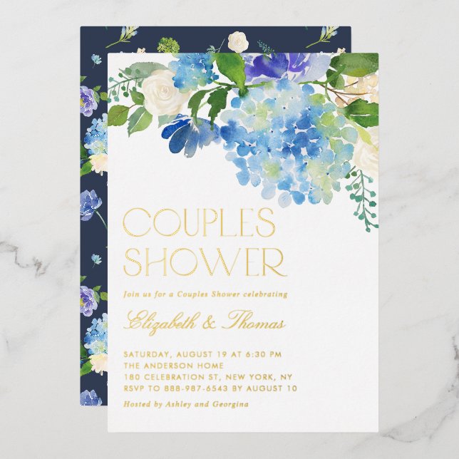 Invitation En Aluminium Aquarelle Blue Hydrangea Floral Couples Douche (Recto/Verso)