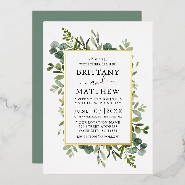 Invitation En Aluminium Aquarelle Botanique Verdure Vert Sauge Or (Recto/Verso)