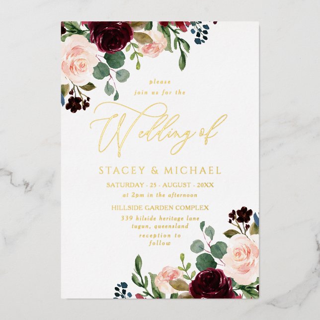 Invitation En Aluminium Aquarelle Bourgogne & Brousse Elégant Mariage Or (Recto)
