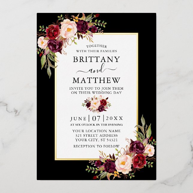 Invitation En Aluminium Aquarelle Bourgogne Floral Mariage Black Gold (Recto)