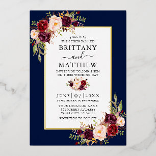 Invitation En Aluminium Aquarelle Bourgogne Floral Mariage Blue Gold