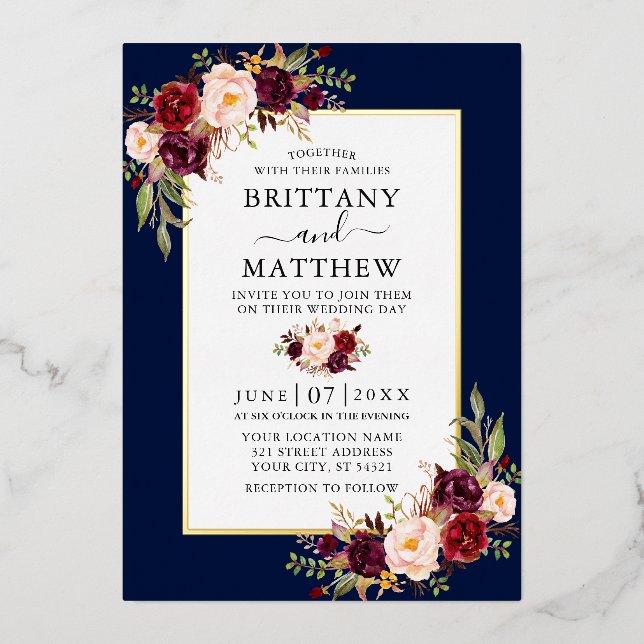 Invitation En Aluminium Aquarelle Bourgogne Floral Mariage Blue Gold (Recto)