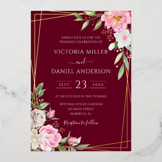 Invitation En Aluminium Aquarelle Bourgogne Floral Mariage géométrique or (Recto)