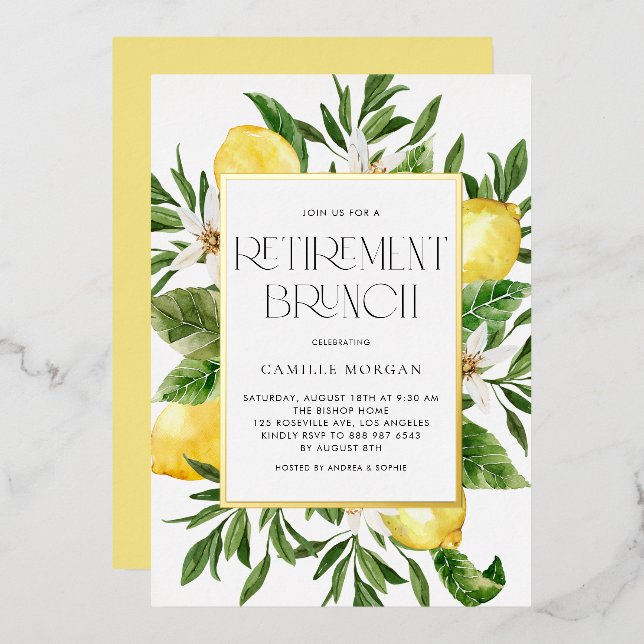 Invitation En Aluminium Aquarelle Cadre citron Retraite botanique Brunch (Recto/Verso)
