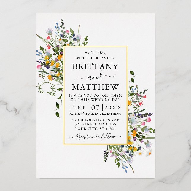Invitation En Aluminium Aquarelle Delicate Fleur sauvage Mariage Or (Recto)