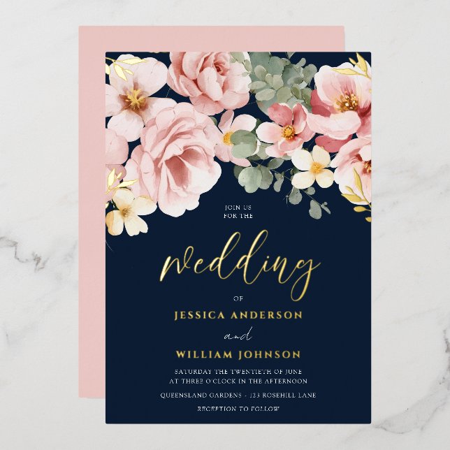 Invitation En Aluminium Aquarelle Dusty Rose Floral Mariage Marine & Or (Recto/Verso)