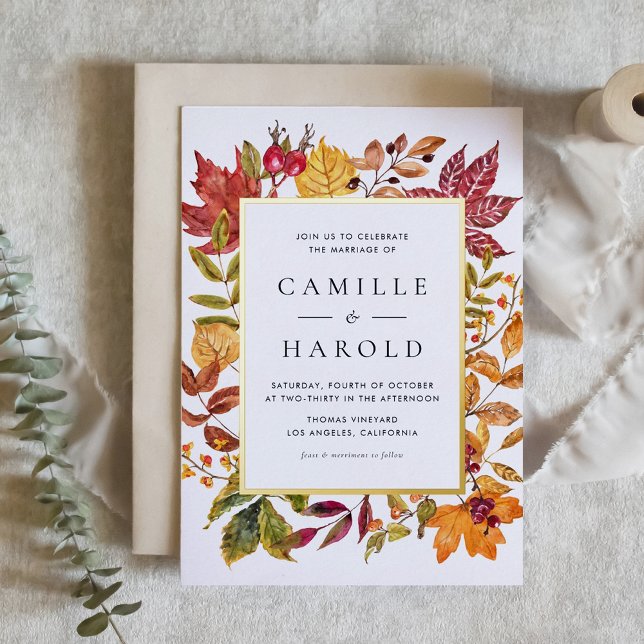 Invitation En Aluminium Aquarelle Feuilles d'automne Mariage de automne de (Customizable Autumn Wedding Gold Foil Invitation with Watercolor Fall Foliage Frame)
