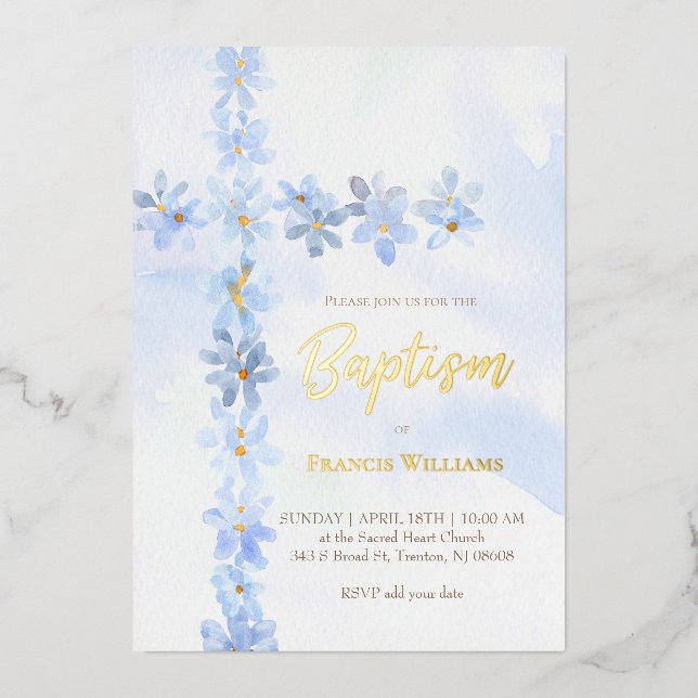 Invitation En Aluminium aquarelle fleurs bleues croisent Baptême (Recto)