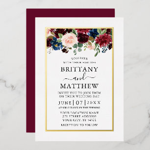 Invitation En Aluminium Aquarelle Fleurs Mixtes Mariage Bordeaux Or
