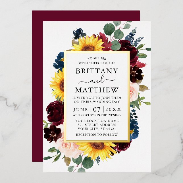 Invitation En Aluminium Aquarelle Fleurs Mixtes Mariage Bourgogne Or (Recto/Verso)