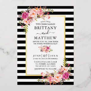 Invitation En Aluminium Aquarelle Fleurs Roses Rayées Mariage Or