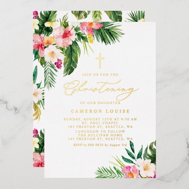 Invitation En Aluminium Aquarelle Fleurs tropicales Baptême d'été (Recto/Verso)