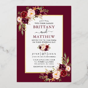 Invitation En Aluminium Aquarelle Floral Bourgogne Mariage or huile