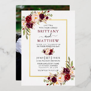 Invitation En Aluminium Aquarelle Floral Mariage Bourgogne Photo Gold