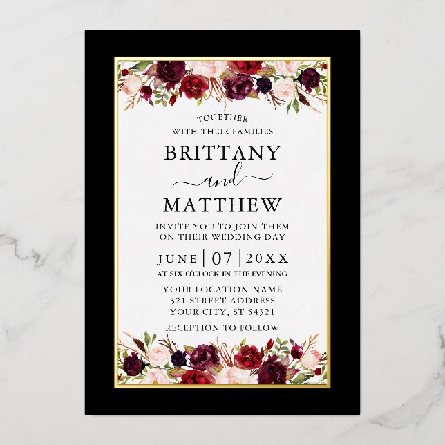 Invitation En Aluminium Aquarelle Floral Mariage Elégant Black Gold (Recto)