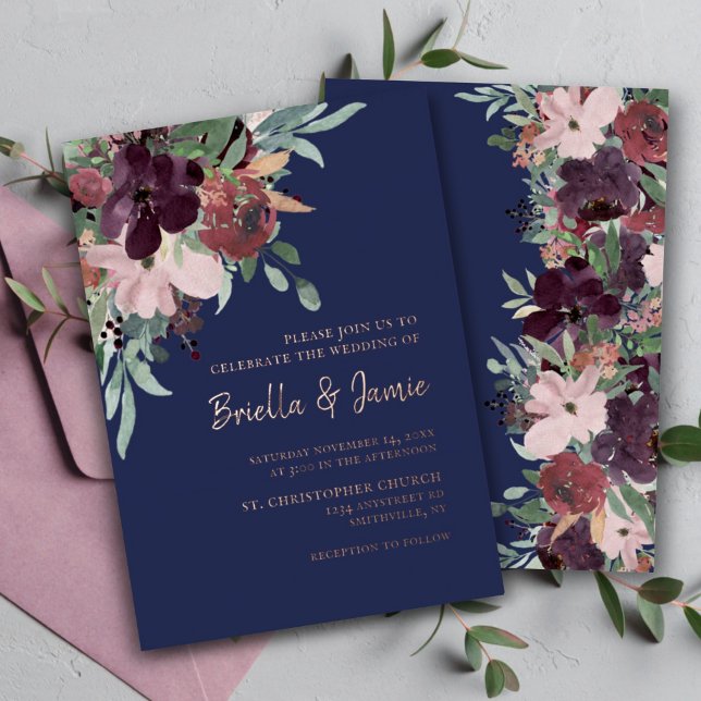 Invitation En Aluminium Aquarelle Floral Marine Plum & Rose Mariage or (Créateur téléchargé)