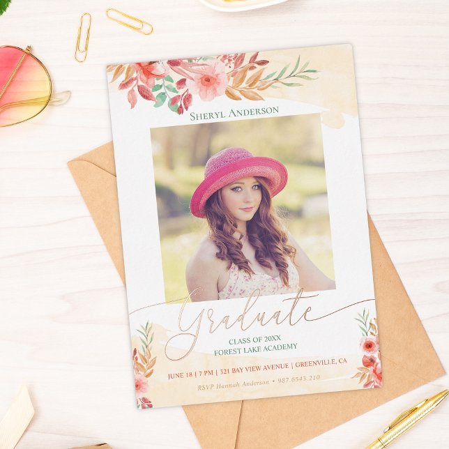 Invitation En Aluminium Aquarelle Floral Rose Gold Photo Graduation (Créateur téléchargé)