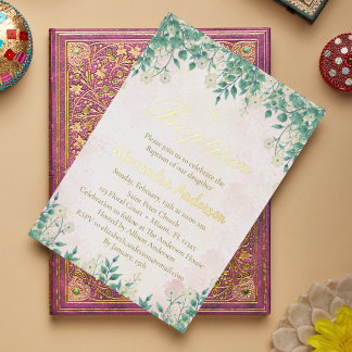 Invitation En Aluminium Aquarelle Floral Végétation Baptême pour filles