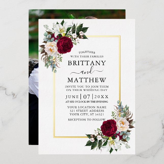 Invitation En Aluminium Aquarelle Floral Vert Photo Mariage Or (Recto/Verso)