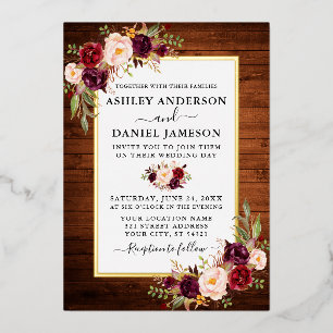 Invitation En Aluminium Aquarelle Florale Mariage Rustique Bois Or