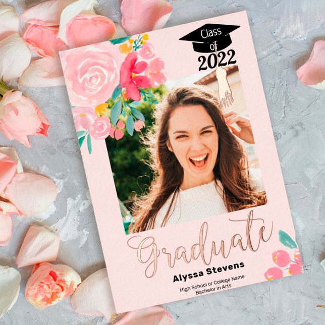 Invitation En Aluminium Aquarelle florale moderne chic 2 photos graduation (Créateur téléchargé)