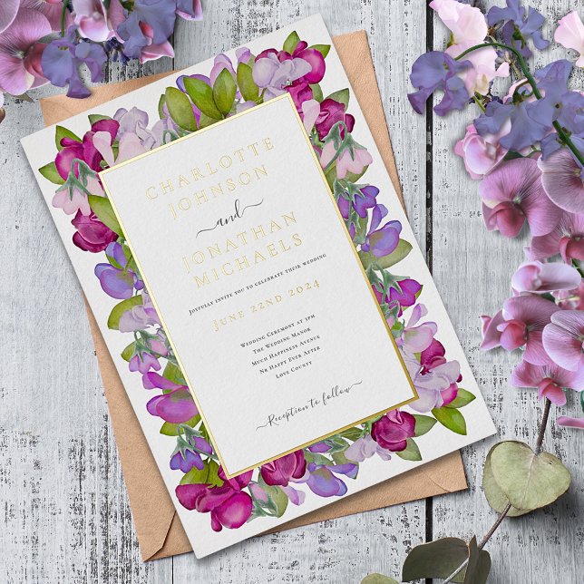 Invitation En Aluminium Aquarelle florale moderne Elégant Mariage or (Modern floral pink purple gold foil wedding invitation with garden. Sweetpea watercolor )