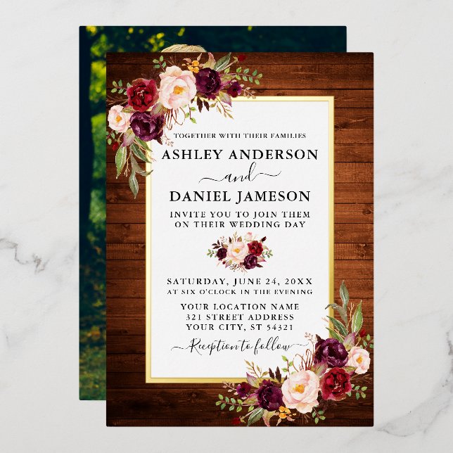 Invitation En Aluminium Aquarelle Florale Photo Bois rustique Or (Recto/Verso)