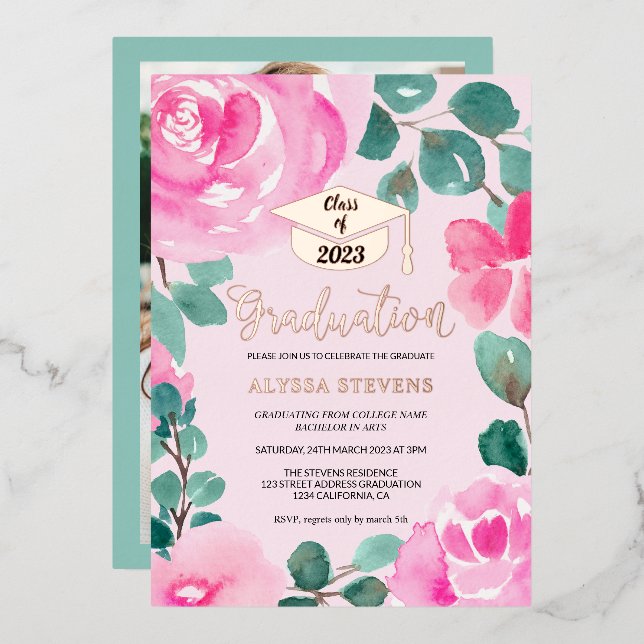 Invitation En Aluminium Aquarelle florale rose (Recto/Verso)