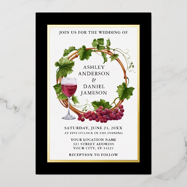 Invitation En Aluminium Aquarelle Grappe Vins Wreath Mariage Black Gold (Recto)