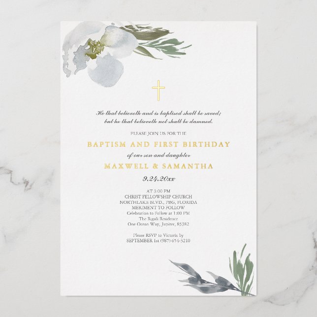 Invitation En Aluminium Aquarelle gris cool Florales Twins Baptême (Recto)