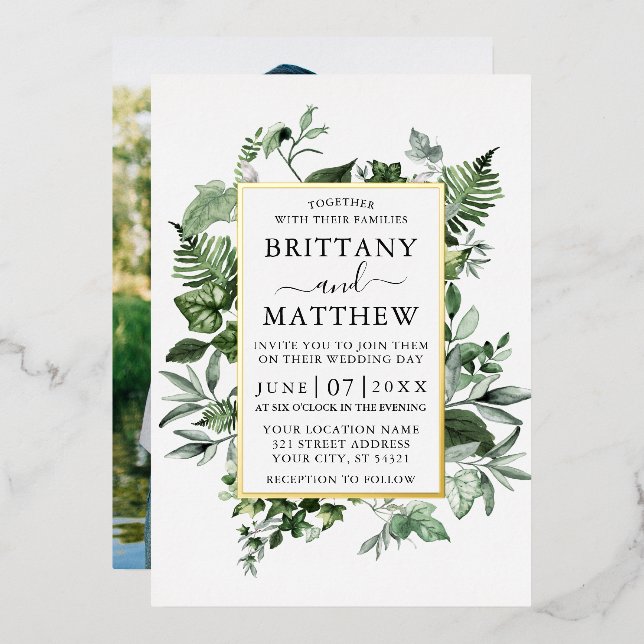 Invitation En Aluminium Aquarelle Ivy Ferns Sage Photo Mariage Gold (Recto/Verso)
