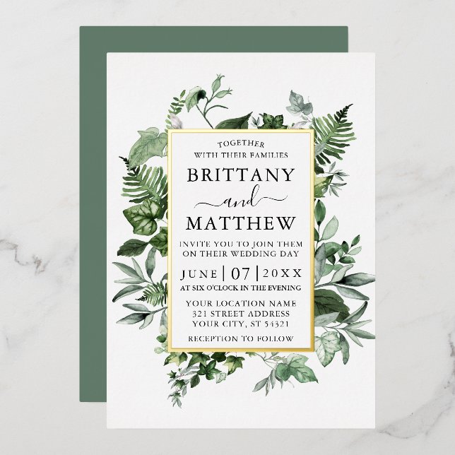 Invitation En Aluminium Aquarelle Ivy Ferns Sage Vert Mariage Or (Recto/Verso)