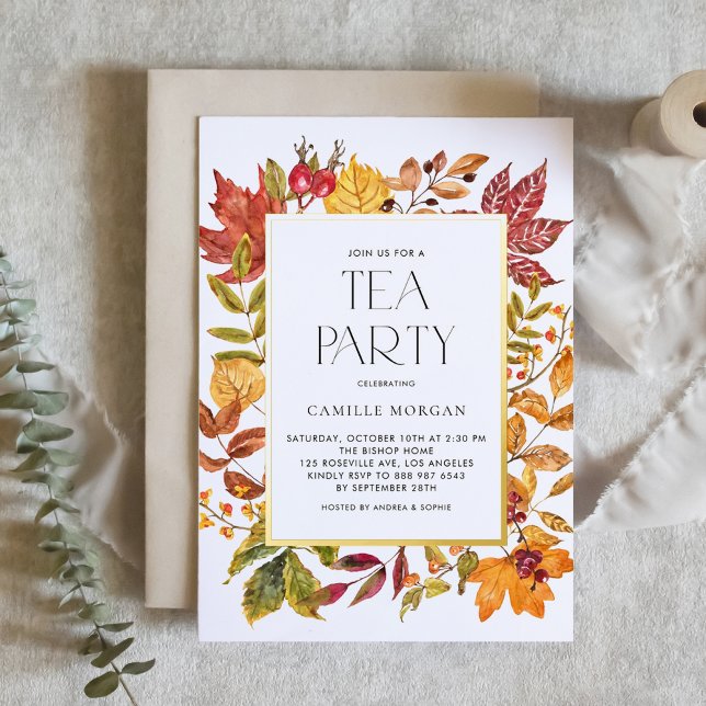Invitation En Aluminium Aquarelle L'automne quitte Frame Mariée Tea Party (Customizable fall bridal tea party invite featuring watercolor autumn foliage and gold foil frame)