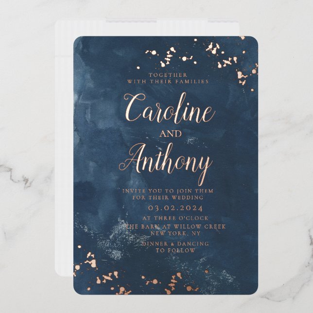 Invitation En Aluminium Aquarelle Marine bleu étoile Rose Mariage or (Enveloppe)