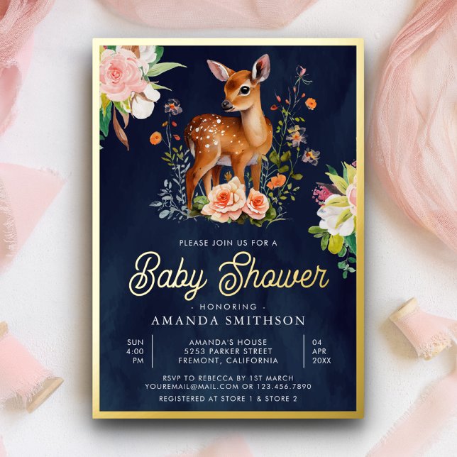Invitation En Aluminium Aquarelle mignonne Floral Deer Marine Baby shower  (Créateur téléchargé)