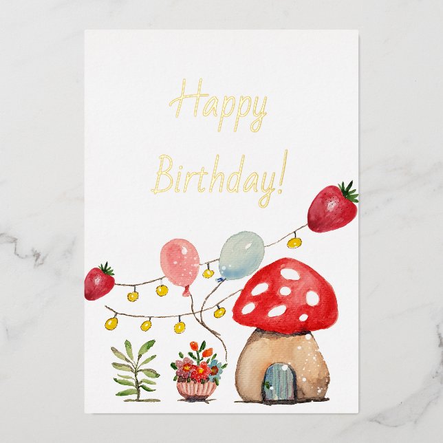 Invitation En Aluminium Aquarelle Moderne Champignon et Fraises (Recto)