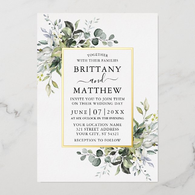 Invitation En Aluminium Aquarelle moderne élégante Verdure Mariage Or (Recto)