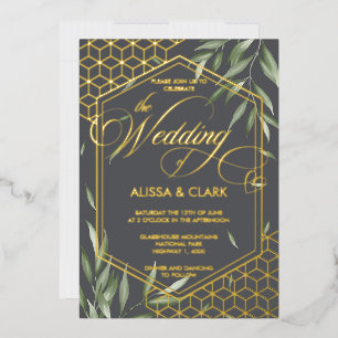 Invitation En Aluminium Aquarelle moderne Foliage Gras Cadre géométrique