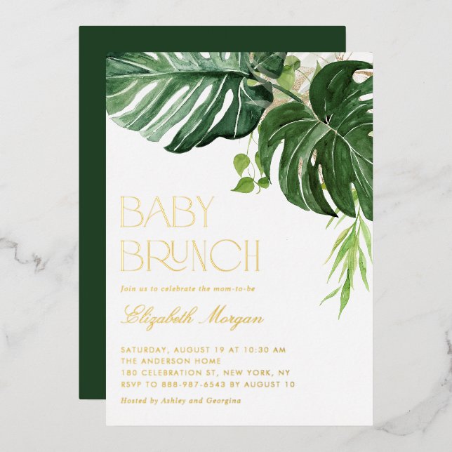Invitation En Aluminium Aquarelle Monstera Verdure Tropical Baby Brunch (Recto/Verso)