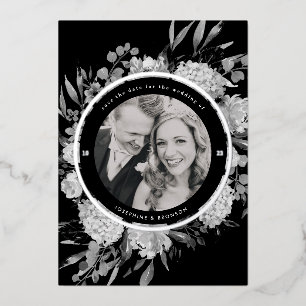 Invitation En Aluminium Aquarelle noire moderne photo florale Enregistrer 